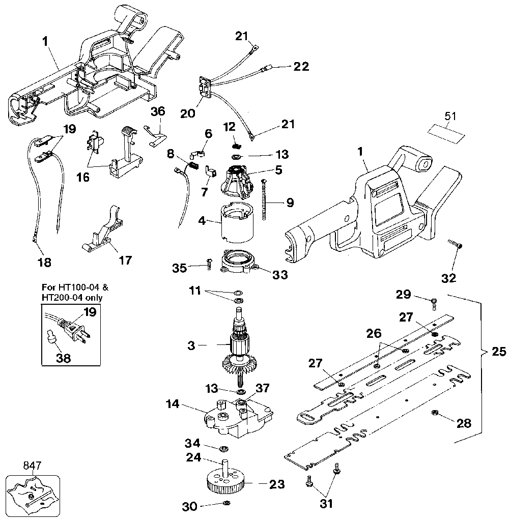 Exploded Diagram A Diagram and Parts List for HT100-04 Type 1 Black and Decker Hedge Trimmer